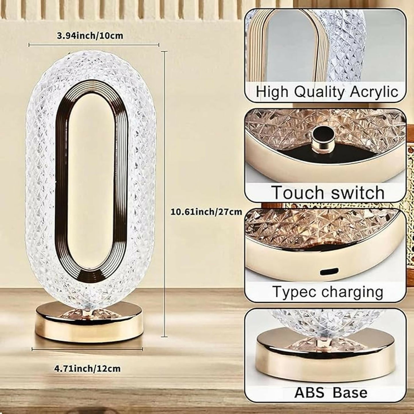 Crystal Oval Touch Table Lamp with 3 Light Modes & Dimming